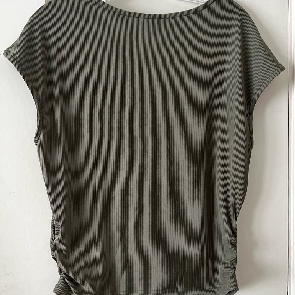 Olive Green Ribbed Tee with Ruched Sides - Picture 3 of 3